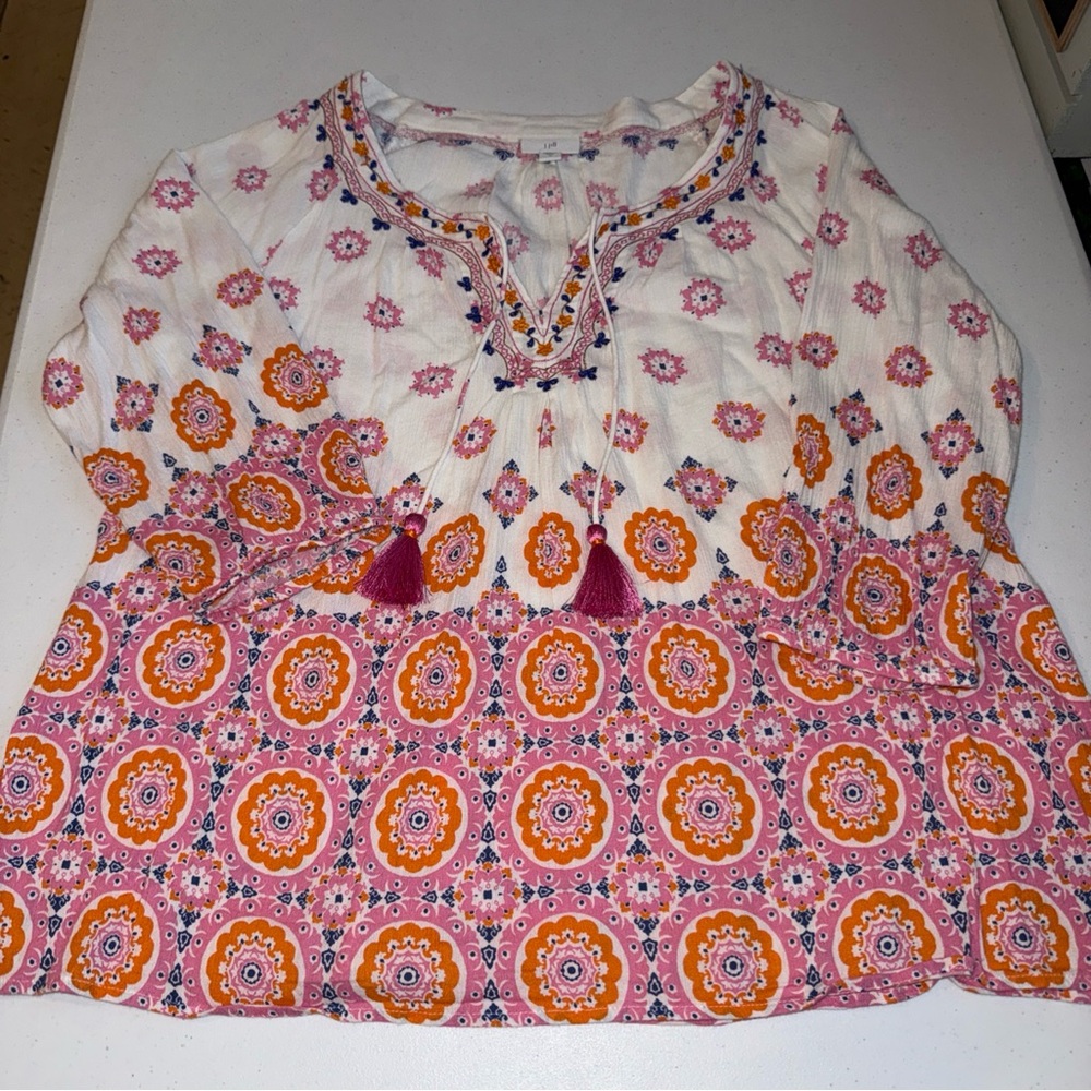 J Jill Boho Embroidered Tunic Top Peasant‎ Tassels Pink White Womens Size Medium